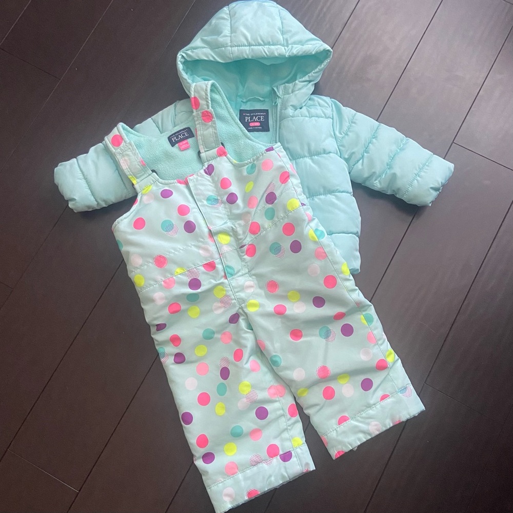 The Children’s Place toddler girl matching mint puffer jacket & snowsuit 12-18M